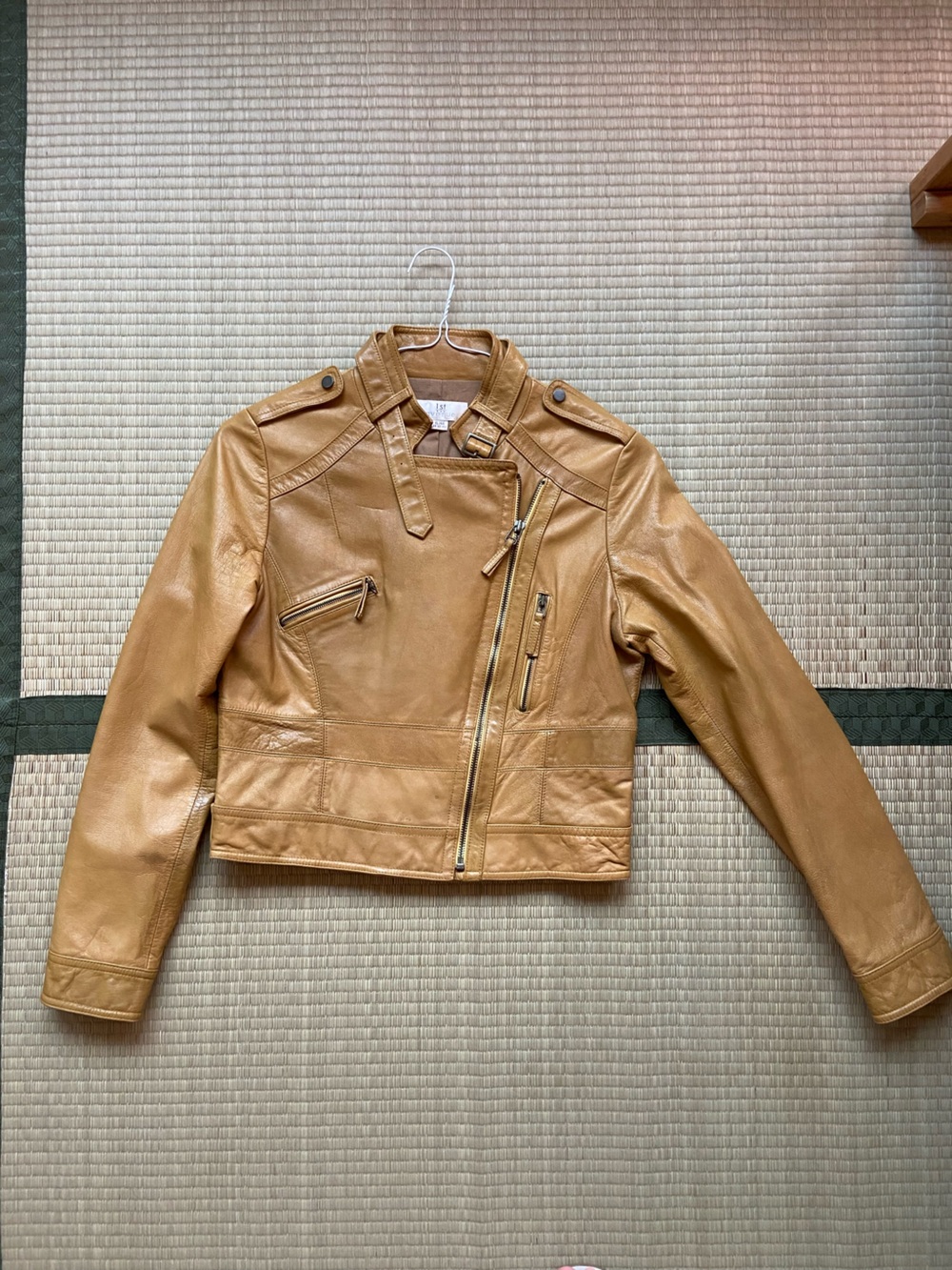 Woman’s Vintage Tan Leather Bomber Jacket with Asymmetrical Zip - 100% lamb skin